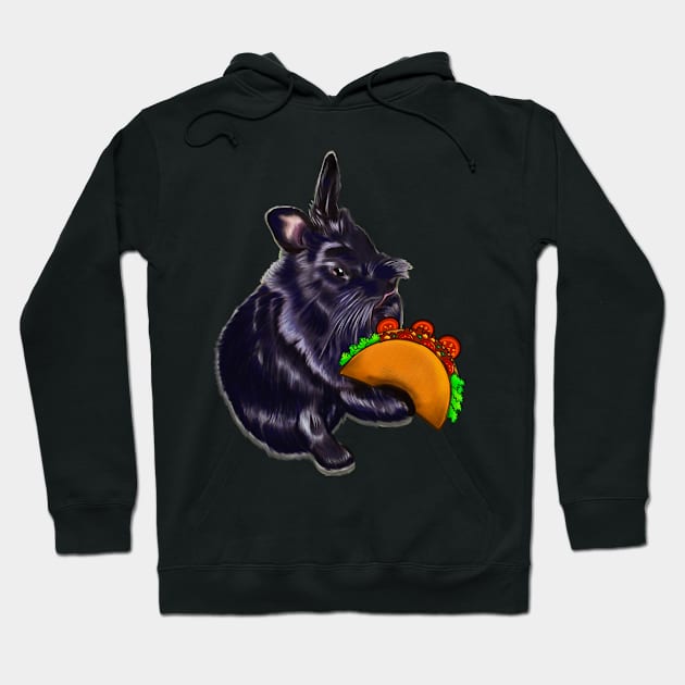 Cute kawaii Ebony colored lionhead bunny rabbit eating a taco. Celebrate Fiesta Cinco De Mayo taco themed Hoodie by Artonmytee